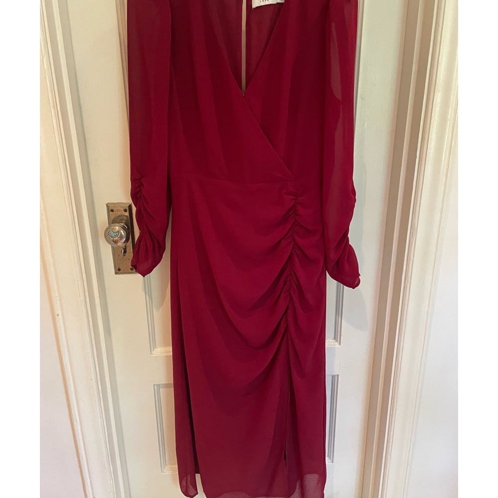 LUSH Long-sleeve Burgundy/Maroon Dress with Ruched Detail and Leg Slit